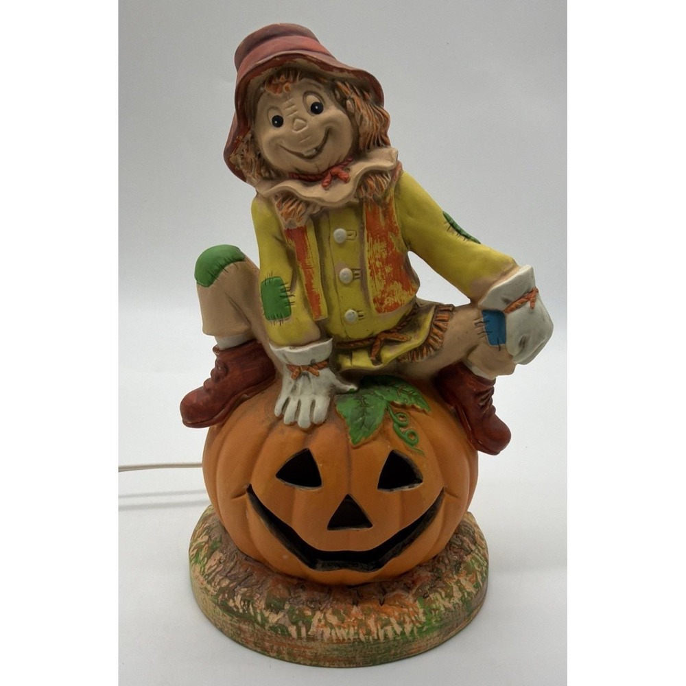 Vintage Lefton Pumpkin & Scarescrow Halloween Fall Nightlight Lamp